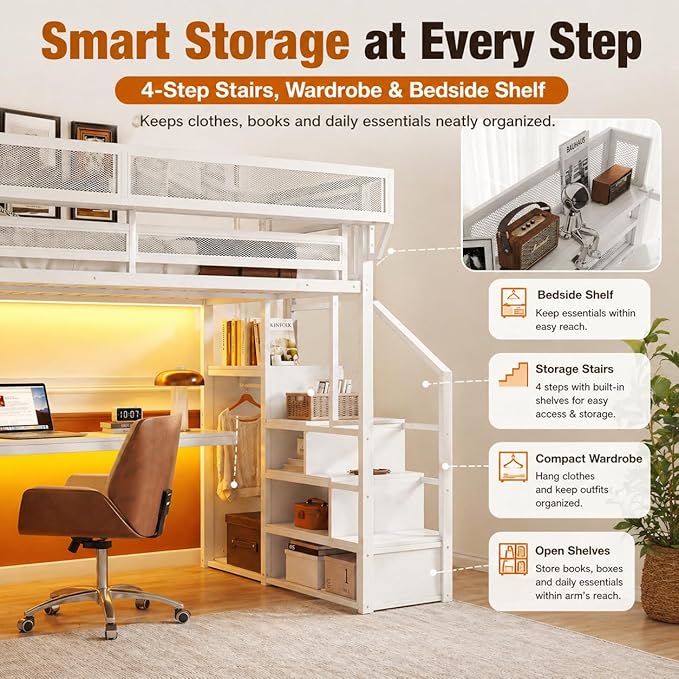 Mirightone Full Loft Bed with Desk and RGB Light, Metal Loft Bed Frame with Stairs and Bedside Shelf, Heavy-Duty Lofts Beds with Storage Shelves and Wardrobe for Kids Teens, White