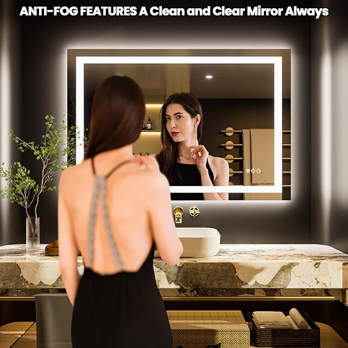 LOAAO 48"x24" LED Bathroom Mirror with Lights, Anti-Fog, Dimmable, Backlit + Front Lit, Lighted Bathroom Vanity Mirror for Wall, Memory Function