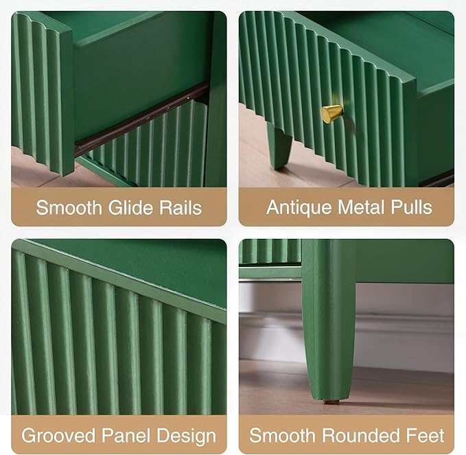 Fluted Nightstand with Charging Station Set of 2, 27.3" Tall Modern Bedside Table with 2 Drawers & Open Shelf, Large Wide Wood End Table with Storage & Metal Handle for Bedroom, Green
