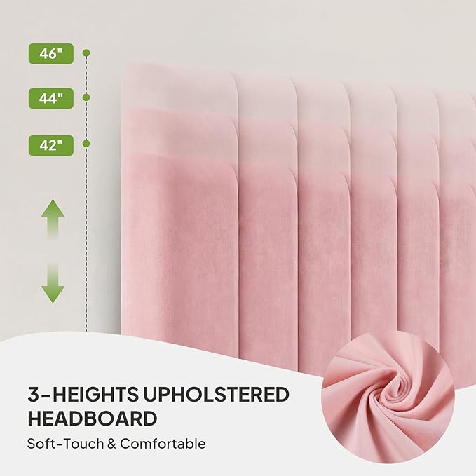 Welzona Upholstered Bed Frame Twin Size with Headboard for Kids, Velvet Fully Upholstered Metal Platform Bed with Vertical Channel Tufted Headboard, 3-Level Height, Metal Support, Easy Assembly, Pink