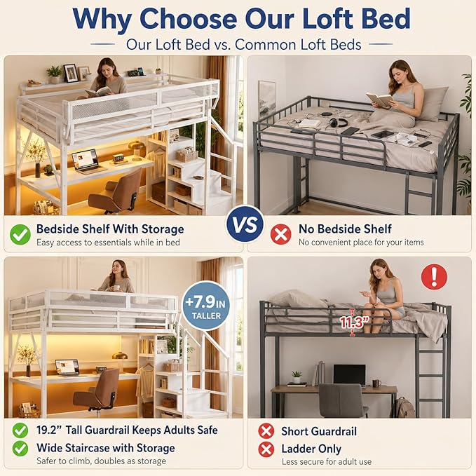 Mirightone Queen Loft Bed with Desk and RGB Light, Metal Loft Bed Frame with Stairs and Bedside Shelf, Heavy-Duty Lofts Beds with Storage Shelves and Wardrobe for Kids Teens, White