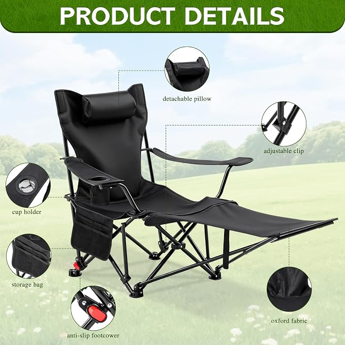 Karenhi 2 Pcs 2-in-1 Reclining Camping Chair with Removable Footrest Folding Recliner Camping Portable Beach Lounge Chair Oxford Fabric Reclining Design with Pillow Pockets Carry Bag