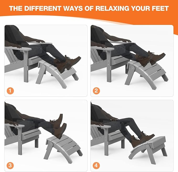 YEFU Adirondack Ottoman Set of 2, Patio Foot Rest, Adirondack Foot Rest, Folding Adirondack Footstool, Weather Resistant for Adirondack Chair, Widely Used for Outdoor, Porch, Backyard, Fire Pits-Gray