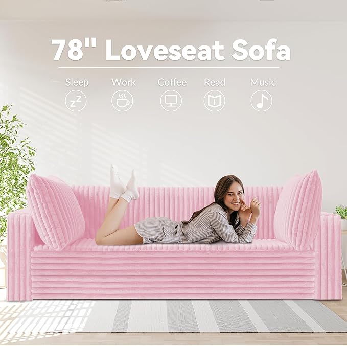 HABUTWAY 78" Loveseat Boneless Couch, 4-in-1 Convertible Sofa Bed, Plush Fur Folding Futon Sofa Bed Couches with 2 Pillows for Living Room, High-Density Foam Support, No Assembly Required, Pink