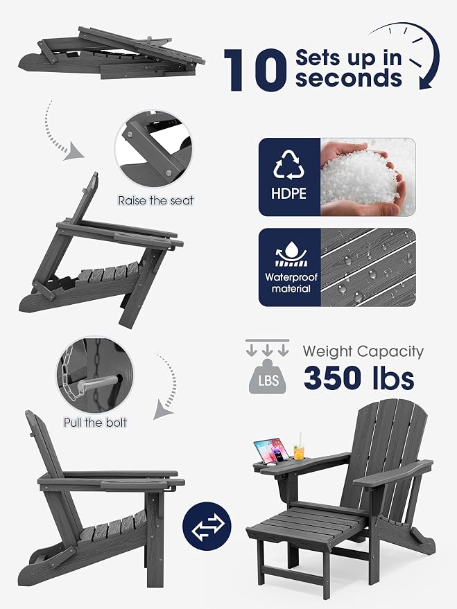 KINGYES Folding Adjustable Adirondack Chair with Ottoman & 2 Cup Holders Set of 2, HDPE Adirondack Recliner Chair with Footrest, Grey