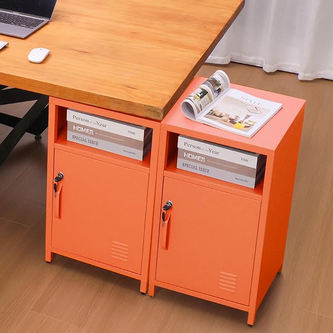 ALBAD Compact Metal Nightstand with Lockable Cabinet and Open Shelf, Modern Bedside Table, Versatile Side Table for Bedroom, Living Room, or Office (Orange, 26" H-Lockable Door)