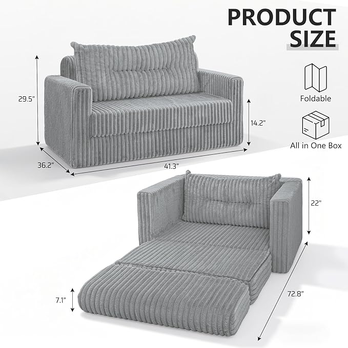 HABUTWAY 41.3" Loveseat Boneless Couch, 4-in-1 Convertible Sofa Bed, Plush Fur Folding Futon Sofa Bed Couches with a Pillow for Living Room, High-Density Foam Support, No Assembly Required, Light Grey