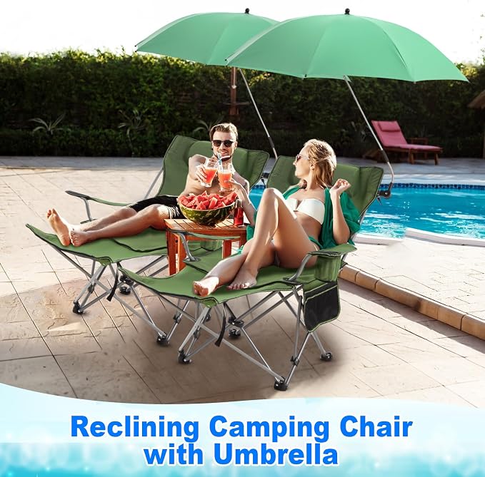 Yuntau 2 Set Reclining Beach Chairs with UPF 50+ Umbrellas Shade, Upgraded Heavy Duty Portable Folding Lounge Camping Chair with Canopy Removable Footrest & Headrest for Outdoor Patio(Green)