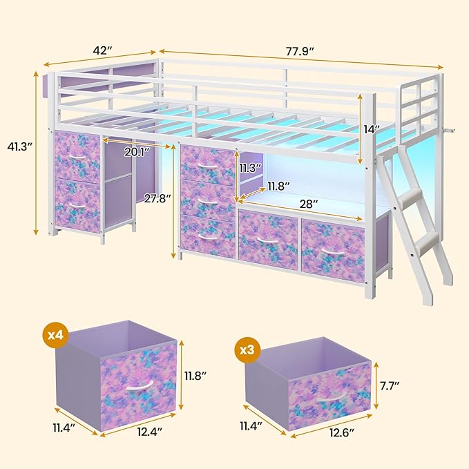 ADORNEVE Low Loft Bed Twin Size with 7 Storage Drawers, Bookcase and LED Lights, Metal Kids Loft Bed with 14" H Safety Guardrail,Inclined Ladder and Play Curtain, Under-Bed Play Space, Purple