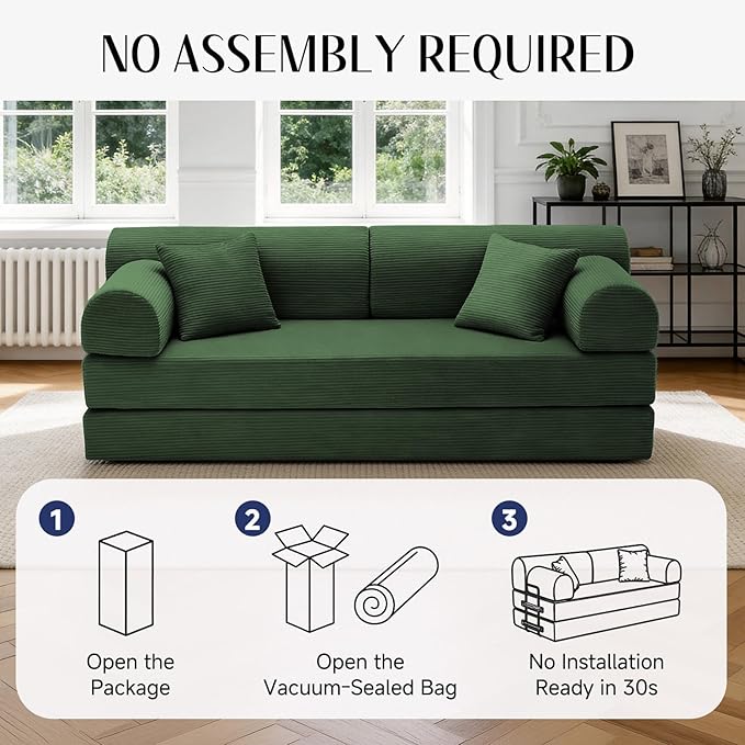 78.8" Convertible Sofa Bed with Detachable Arm Pillow, 6-in-1 Sectional Couches for Living Room, Corduroy Boneless Couch, Sleeper Loveseat Couch Bed, No Assembly, Green Couch