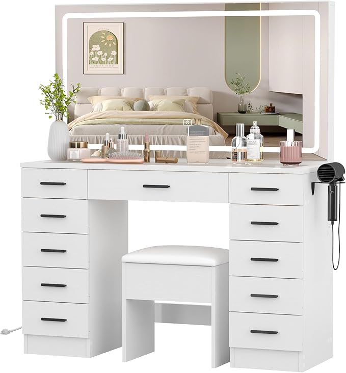 Panana Vanity Desk with 11 Drawers, Glass Top Makeup Table with Mirror and LED Lights Vanity with Stool 3 Lighting Modes Brightness Adjustable Dressing Table with Power Outlet (White)