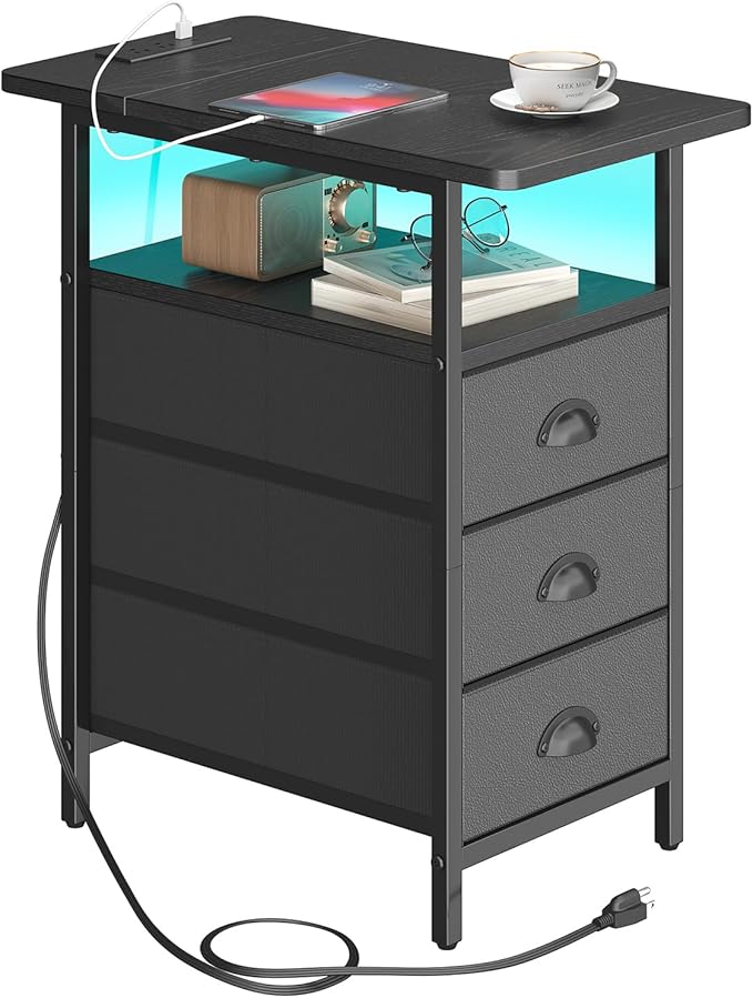 sthmec End Table with Charging Station,LED Side Tables with USB Ports and Outlets,Narrow Nightstands Bedside Tables with 3 Drawers PU Finish for Small Space,Slim Sofa Table for Livingroom,Black