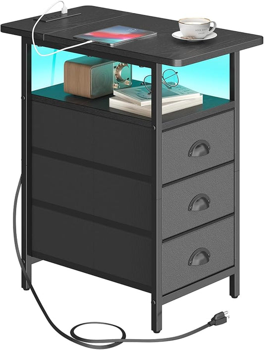 sthmec End Table with Charging Station,LED Side Tables with USB Ports and Outlets,Narrow Nightstands Bedside Tables with 3 Drawers PU Finish for Small Space,Slim Sofa Table for Livingroom,Black