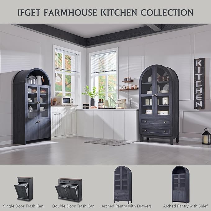 IFGET 71" Tall Arched Kitchen Pantry Cabinet, Wood Kitchens Storage Cabinets with 2 Large Drawers and Adjustable Shelves, Modern Farmhouse Versatile Cupboard for Kitchen, Dining Room, Bathroom, Grey