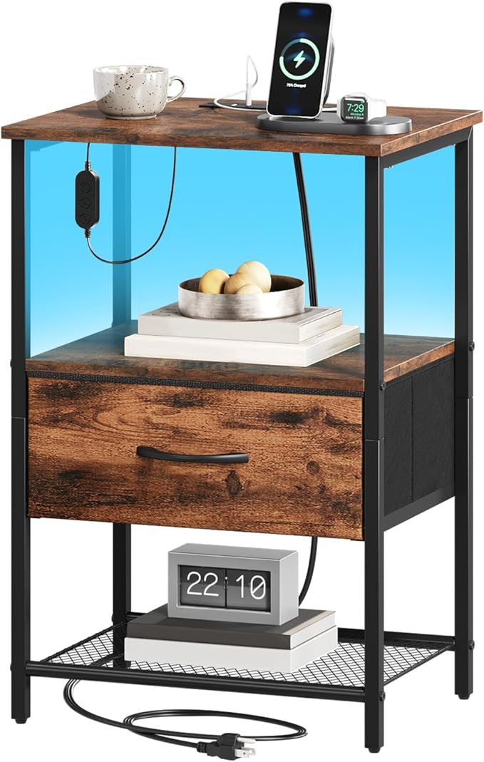 Somdot Nightstand with Charging Station and LED Light for Bedroom, Bedside Table End Table for Dorm Guest Room Bedside Kids Laundry Closet Entryway Hallway, Wood Grain Print