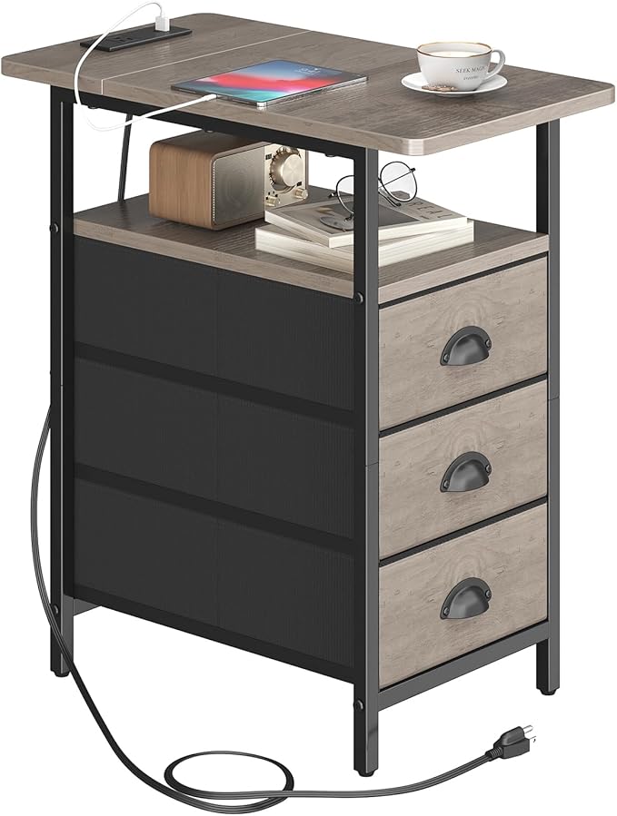 sthmec End Table with Charging Station, Side Tables Livingroom with USB Ports and Outlets,Narrow Nightstands Bedside Tables with 3 Drawers for Small Space,Slim Sofa Table Bedroom,Grey