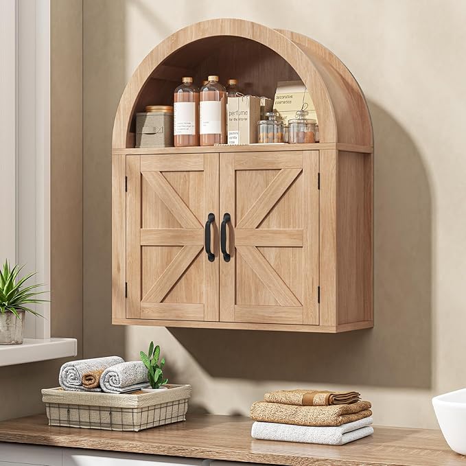 Halitaa Arched Bathroom Wall Cabinet, Farmhouse Medicine Cabinet with Barn Door and with Adjustable Shelf, 23.6 x 28.7'' Wooden Storage Cabinet Wall Mounted for Bathroom Laundry Room Kitchen, Natural