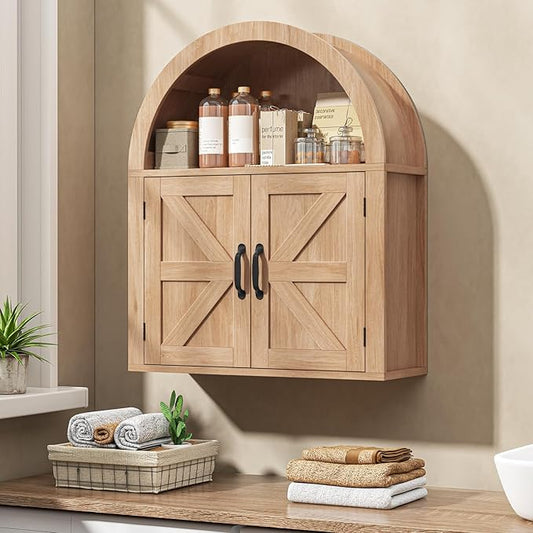 Halitaa Arched Bathroom Wall Cabinet, Farmhouse Medicine Cabinet with Barn Door and with Adjustable Shelf, 23.6 x 28.7'' Wooden Storage Cabinet Wall Mounted for Bathroom Laundry Room Kitchen, Natural
