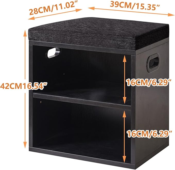 YMYNY Shoe Storage Bench with Cushion, 2 Tier Shoe Rack with Padded Seat, Adjustable Shoe Organizer Cabinet for Entryway, Living Room, Hallway, Closet, Bedroom, 15.4L*11W*16.54H, Black, UHBD028B