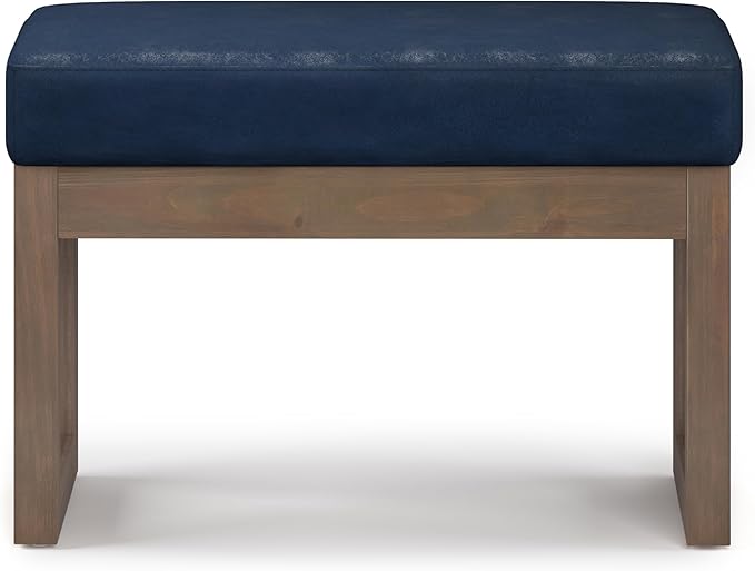 SIMPLIHOME Milltown Small Ottoman Bench - 27" Wide x 18" High Upholstered Vegan Leather Rectangle Footstool Ottoman in Distressed Dark Blue, Contemporary Bench with Cushioned Seat, Assembled