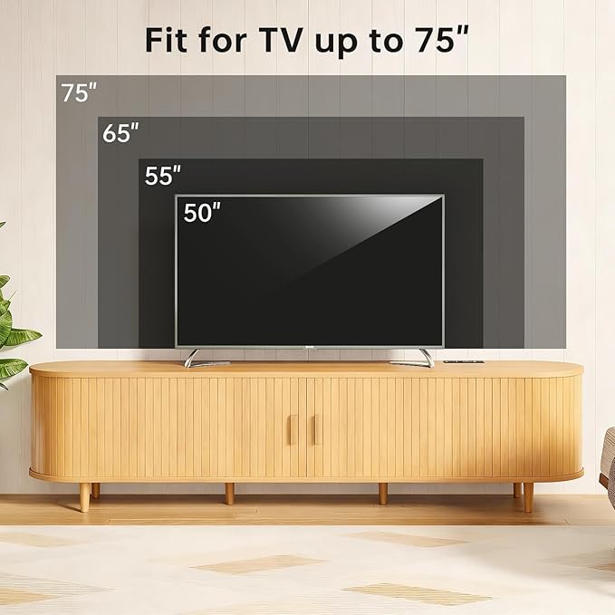 70" Mid Century Modern TV Stand, Wood TV Consoles with Sliding Doors and Power Outlet, Entertainment Center with Adjustable Shelves, Fluted TV Stands for Living Room, Oak