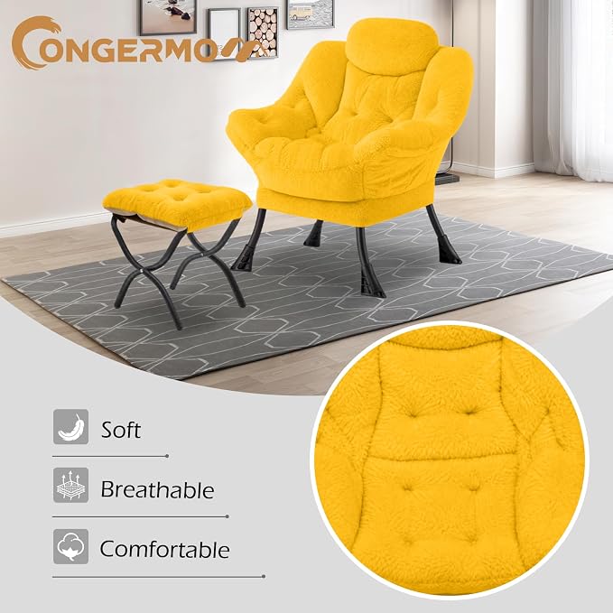 Lazy Chair with Folding Ottoman,Leisure Sofa Chair,Soft Fabric Armchair with Armrests and Side Pockets, Reading Chair with Footrest for Living Room, Bedroom, Office (Plush Yellow)