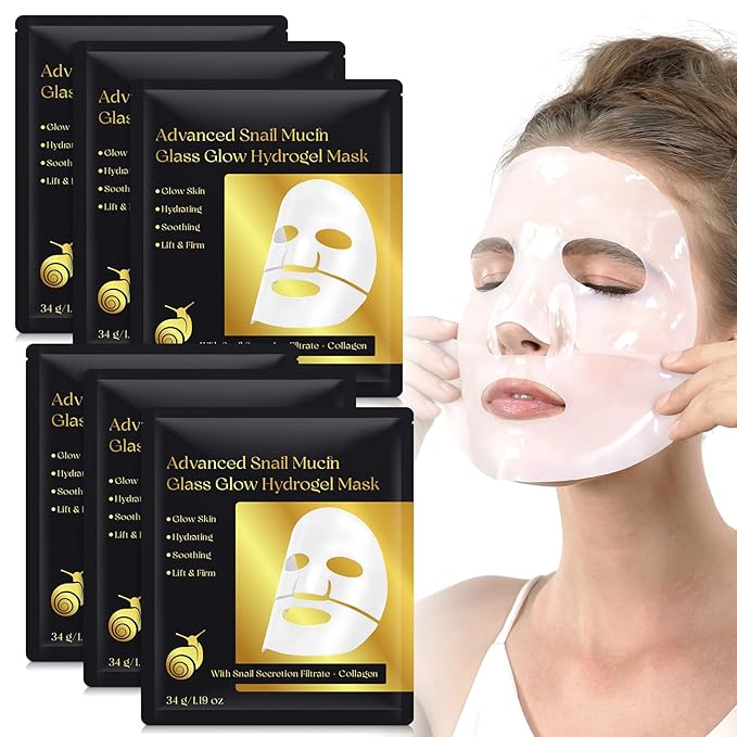 6 Pack Advanced Snail Mucin Glass Glow Face Masks, Collagen Face Mask, Hydrating Overnight Hydrogel Mask for All Skin Types