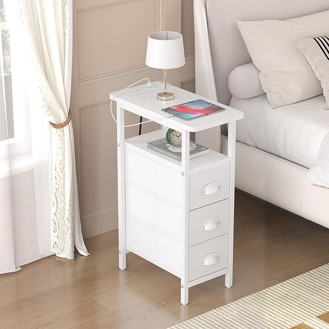 Sthmec End Table with Charging Station,Narrow Side Tables with USB Ports and Outlets,Skinny Bedside Tables with 3 Drawers,Small Tables Nightstands for Small Space,Slim Sofa Table for Livingroom, White