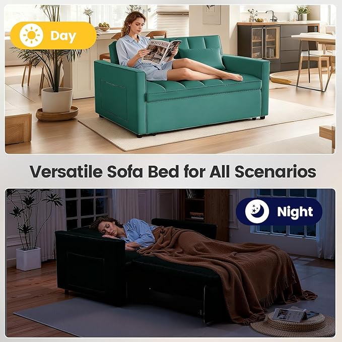 3 in 1 Convertible Sofa Bed, Velvet Fabric Loveseat Sleeper Sofa with Side Pockets, Pull Out Couch with Adjustable Backrest for Small Spaces, Living Room, Bedroom, Apartment, Green