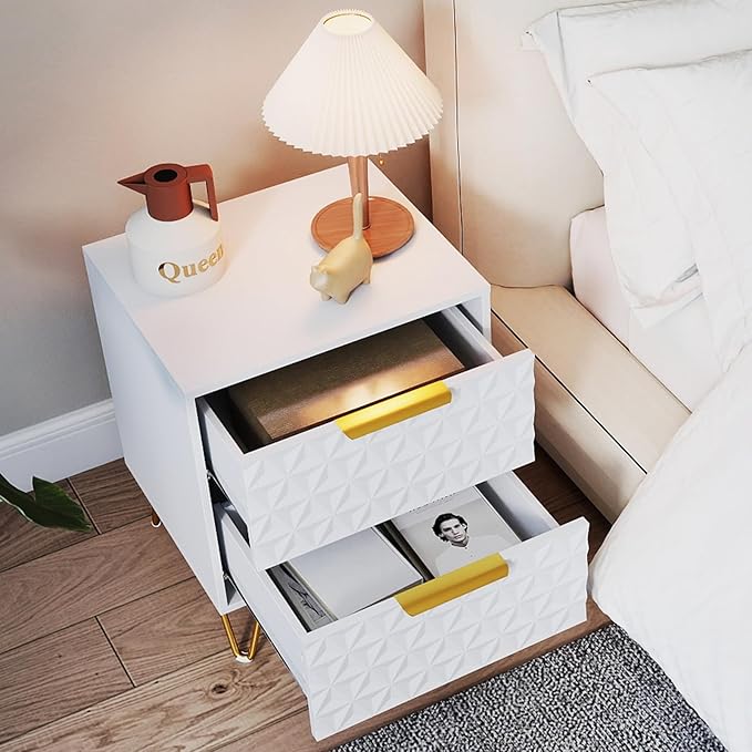 Modern Night Stand Set of 2, White Bedside Tables with 2 Drawers Storage for Bedroom, Wood End Side Table with Gold Legs for Living Room