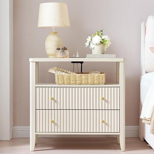 Fluted Nightstand with Charging Station, 27.3" Wide Modern Bedside Table with 2 Drawers & Open Shelf, Large Wood End Table with Storage & Metal Handle for Bedroom, Living Room, Cream White