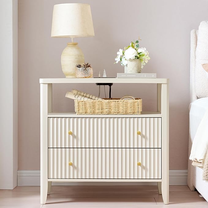 Fluted Nightstand with Charging Station Set of 2, 27.3" Wide Modern Bedside Table with 2 Drawers & Open Shelf, Large Wood End Table with Storage & Metal Handle for Bedroom, Living Room, Cream White