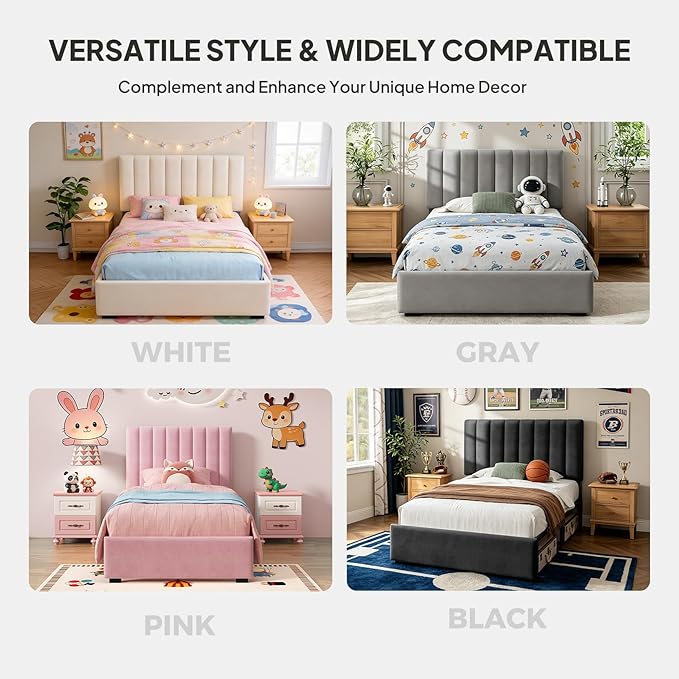 Welzona Upholstered Bed Frame Twin Size with Headboard for Kids, Velvet Fully Upholstered Metal Platform Bed with Vertical Channel Tufted Headboard, 3-Level Height, Metal Support, Easy Assembly, Pink
