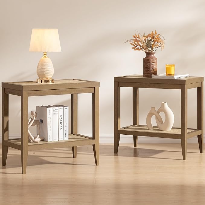 SICOTAS Rattan Nightstands Set of 2 Bedside Table - Boho Narrow End Table Living Room Set of 2 Side Table with Storage Shelves for Small Space - Natural Oak
