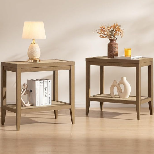 SICOTAS Rattan Nightstands Set of 2 Bedside Table - Boho Narrow End Table Living Room Set of 2 Side Table with Storage Shelves for Small Space - Natural Oak