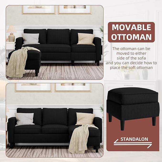 Nuturelly Modern Convertible Sectional Sofa Couch with Reversible Chaise, 3-Seater L-Shaped Small Space Couch for Living Room, Apartment & Office, Compact Fabric Sofa with Movable Ottoman, Black