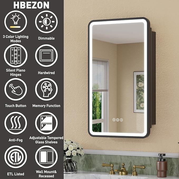 16 x 28 Inch Recessed Medicine Cabinet Mirror with Lights, Wall Mounted LED Bathroom Mirror Cabinet, Dimmable, Anti-Fog, Memory Function, 3 Color Modes, Adjustable Shelf, ETL Certified, Black