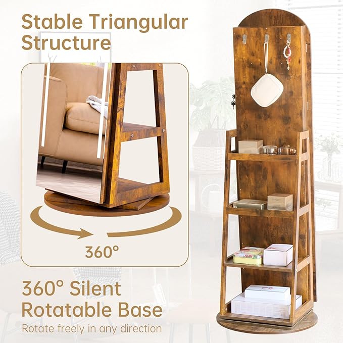 Arched Mirror Jewelry Armoire,3 Color LED Swivel Jewelry Storage Cabinet Interior LED Lights,Full Length Mirror Floor Standing Jewelry Organizer with Storage Shelves (Rustic Brown)