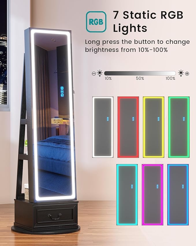 Vlsrka LED Mirror Jewelry Cabinet with Lights, Lockable Full Length Mirror with Storage, Standing Jewelry Armoire Organizer with Touch Screen&RGB Modes for Small Bedroom Spaces, Gift for Women, Black