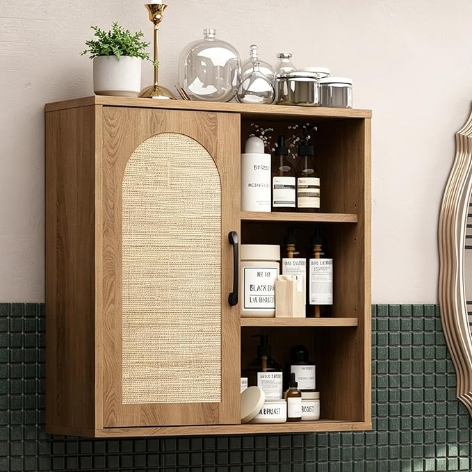 RUSTOWN Boho Rattan Wall Cabinet, Mid Century Bathroom Cabinet with Sliding Door, Adjustable Shelves, Over The Toilet Storage Cabinet (Rustic Oak)