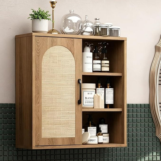 RUSTOWN Boho Rattan Wall Cabinet, Mid Century Bathroom Cabinet with Sliding Door, Adjustable Shelves, Over The Toilet Storage Cabinet (Rustic Oak)