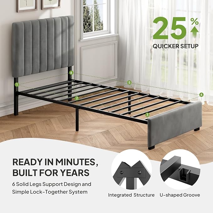 Welzona Kids Twin Upholstered Bed Frame with Headboard, Velvet Upholstered Metal Platform Bed Frame with Vertical Tufted Headboard, 3-Level Height, Metal Slat Support, Noise-Free Easy Assembly, Grey