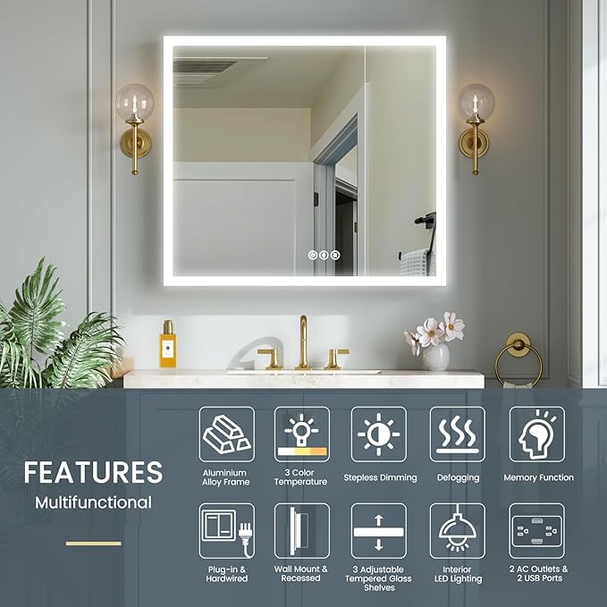 30x30 Inch Medicine Cabinet with Lights, AL Alloy Frame, Plug-in or Hardwired, Recessed or Wall Mount, Mirror Doors/3 Colors/Dimmable/Interior Sensor Light/Defog,2 Outlets & USBs,2 Shelves