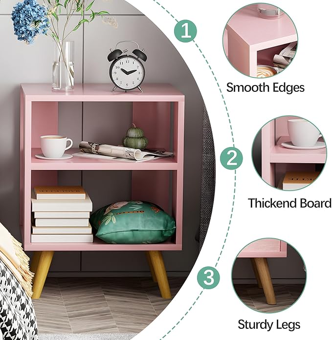 Aenuert Night Stand, Pink Kids Nightstand, Modern End Table with Open Storage, 2-Tier Nursery Bedside Table for Small Space, Living Room, Bedroom