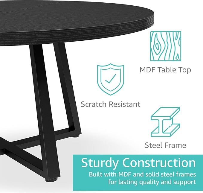 NUTIKAS 42 Inch Round Dining Table for 4, Modern Black Wood Grain Kitchen Table with Cross Metal Legs, Circular Industrial Dinner Table for Small Spaces, Breakfast Nook, Apartment, Office