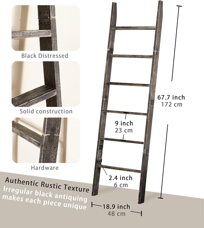 Blanket Ladder for The Living Room 6-Tier, Wooden Decorative Quilt Holder for Bed Room, Wall-Leaning Wood Towel Rack for Bathroom，Rustic Farmhouse Ladders for Display.(Black Wash)