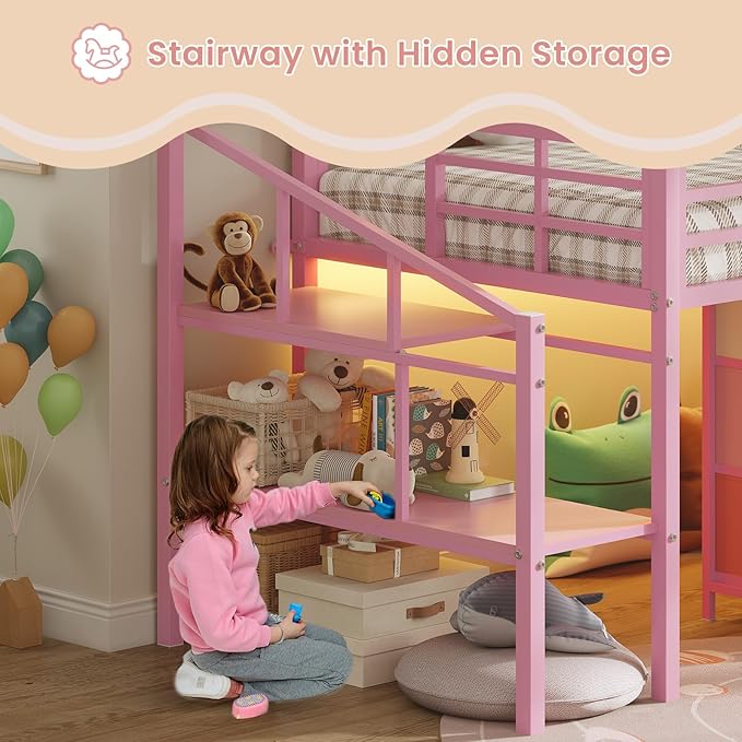 VIAGDO Low Loft Bed Twin Size with 9 Storage Drawers and LED Lights, Metal Twin Loft Bed with Stairway Shelf Storage, Low Loft Bed with Safety Guardrail and Under-Bed Hideaway for Kids, Pink
