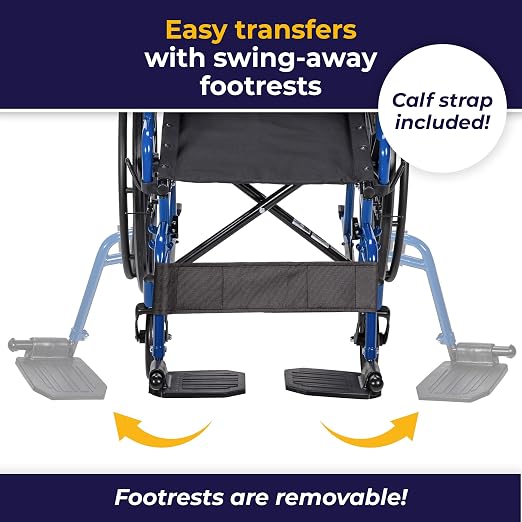 Drive Medical Blue Streak Lightweight Wheelchair - Portable Folding Mobility Aid - Swing-Away Footrests - Desk Arms - Durable Steel Frame - Easy Transport & Storage - 16-Inch Seat