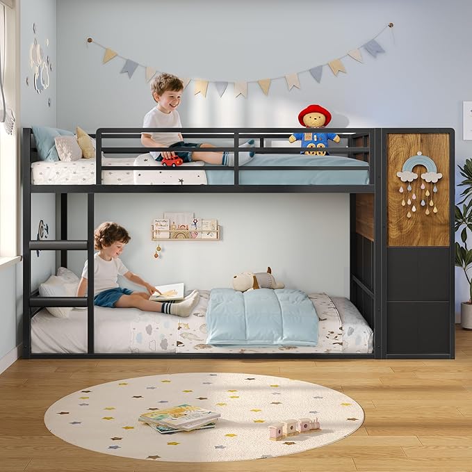 BTHFST Twin Over Twin Bunk Bed, Twin Bunk Beds with Storage & LED Lights, Metal Space Saving Low Bunk Bed with Safety Ladder and Guardrail