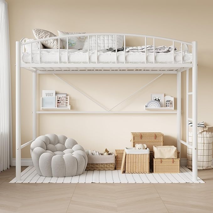 GarveeHome Loft Bed Twin Size, Heavy Duty Metal Loft Bed Frame with Arched Guardrail and Safety Ladder, Space-Saving, No Box Spring Needed, Modern White